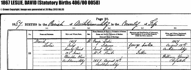 Birth extract: David Leslie (my great grandfather), 23 July 1867)