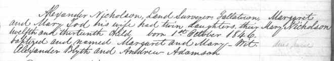 Baptism record for Margaret and (2nd) Mary Nicholson, 1846.