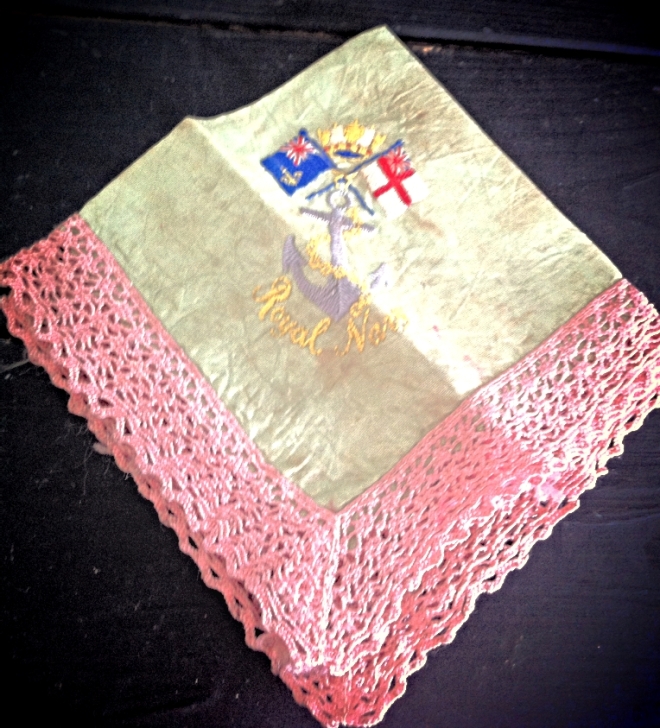 Hankerchief embroidered with Royal Navy crest. A gift to my mother from her uncle Stewart Cruden.