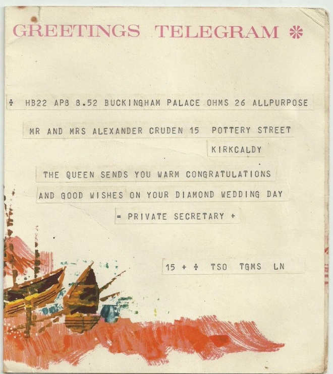On the occasion of their golden wedding anniversary, my great grandparents got a telegram from the Queen. Many thanks to my cousin Lorraine Cruden for sharing this image.