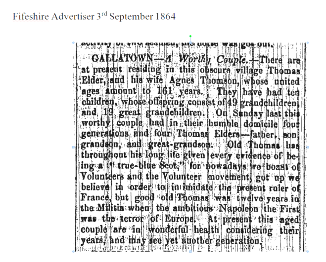Fifeshire Advertiser, 3 September 1864. An article about my ancestors Thomas Elder and Agnes Thomson. Reproduced courtesy of Kirkcaldy Galleries.