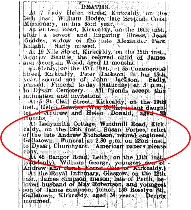 Death notice: Susan Forbes, April 1912. "American papers please copy." I wonder why? Notice from Fife Free Press.