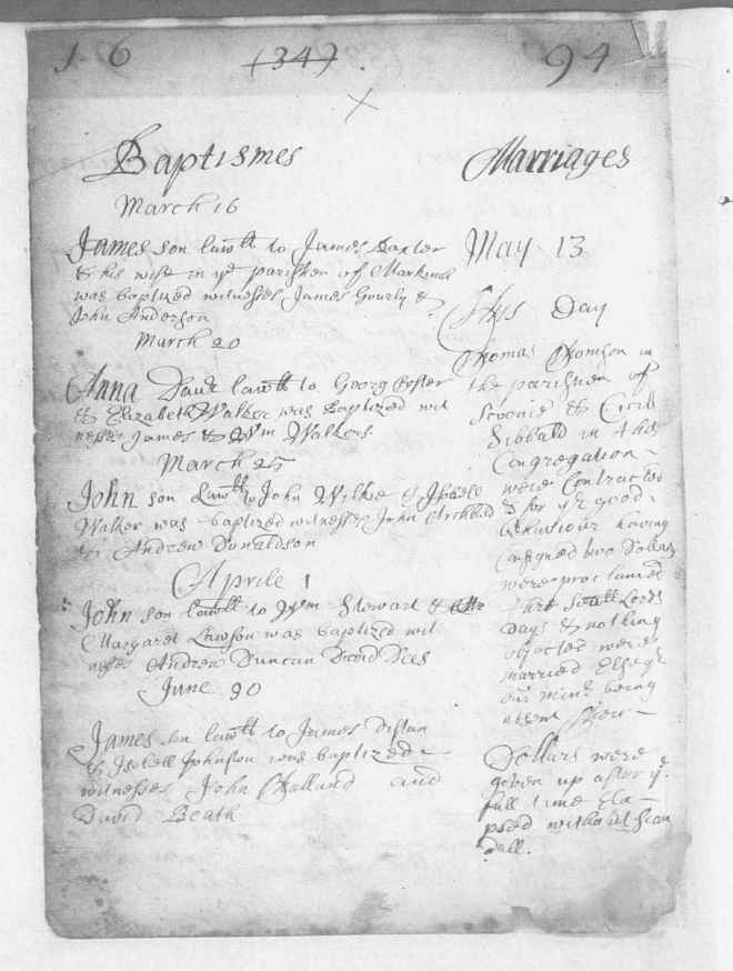 Marriage record, Thomas Thomson and Cecil Sibbald, 17 May 1694 in the parish of Kennoway, Fife. Source: Scotland's People.