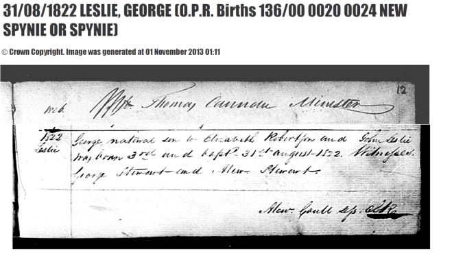OPR birth record of George Leslie. My paternal great great grandfather and the earliest verified Leslie ancestor. Record from Scotland's People. 