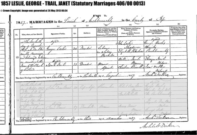 Marriage record: George Leslie and Janet Traill. The only record I have found of George's parents' names. From Scotland's People.