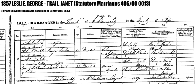 Marriage of George Leslie and Janet Traill, Auchtermuchty, 1857.