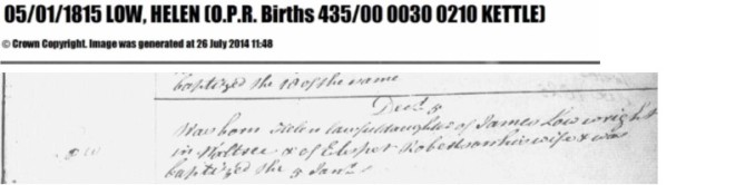 Old Parish Register birth record; Helen Low, 1814. Source: Scotland's People.