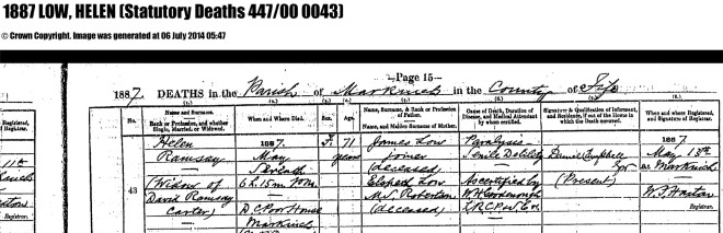Helen Low; death record, 1887. From Scotland's People.