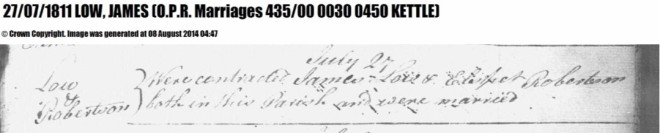 Old Parish Register marriage record: James Low and Elspet Robertson, 1811, Kettle, Fife. Source: Scotland's People.