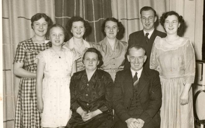 The last of my Ramsay family portraits. Elizabeth, Sandra, Margaret, May, David and Catherine (standing). Margaret Cruden and David Skinner Ramsay seated. Kirkcaldy, Scotland, c. 1952-53