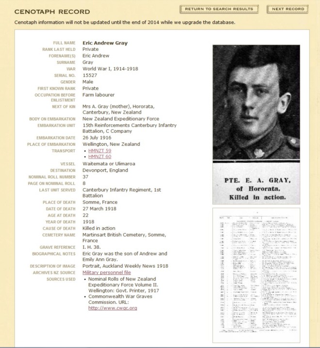 Eric Andrew GRAY: record from y cenotaph database