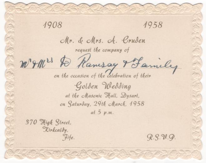 Invitation to my great grandparents 50th wedding anniversary party. Image: Ramsay-Leslie family archive.