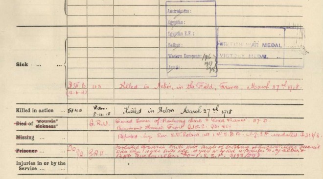Notes relating to the death of Eric Andrew Gray, from the record of his service with the New Zealand Expeditionary Force, World War I. Obtained from Archives New Zealand.