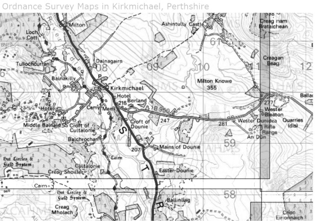 Ordnance Survey map, Kirkmichael area. c. 1860s. Source: screenshot, Scotland's Place.
