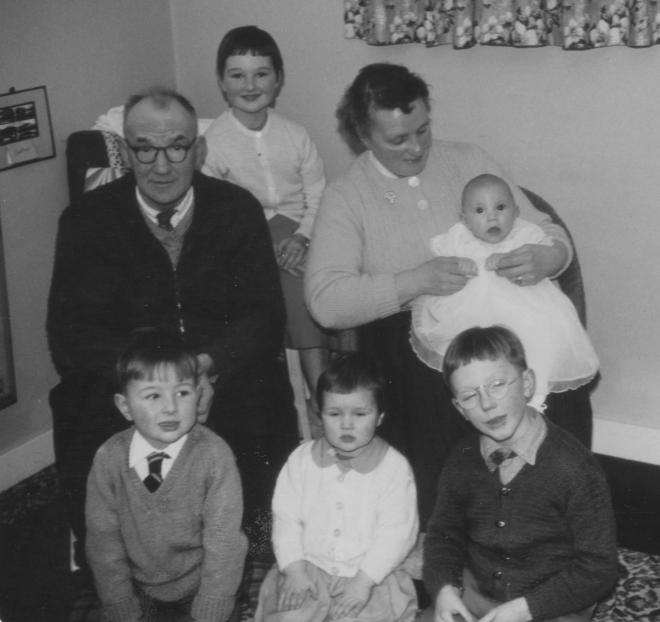 David Ramsay and Margaret Cruden with grandchildren Margaret Ladyka (back), Ian and Sandra Ladyka (front left and centre) and Robert Guthrie. The baby is me. c. 1961. Photo: Ramsay Leslie family archive.