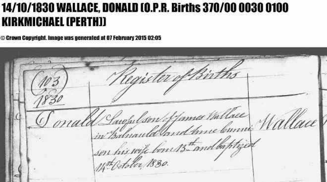 OPR birth record, Donald Wallace. Source: Scotland's People.