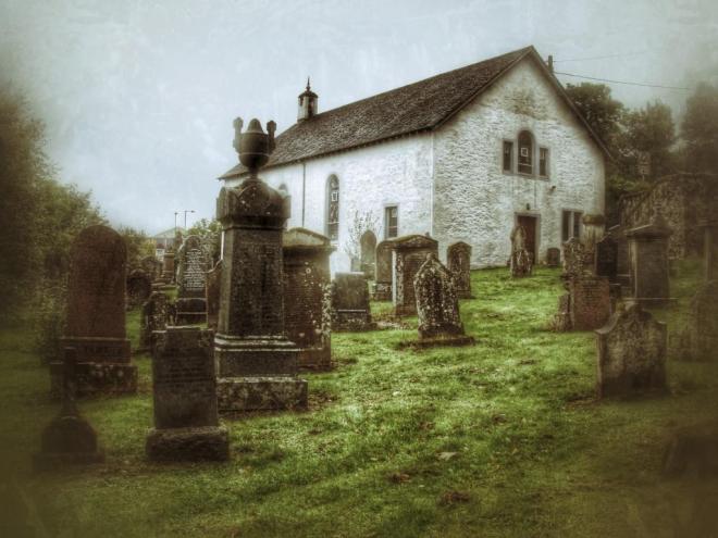 Kirkyard and Session House, Kirkmichael, Perthshire. Resting place of Donald Wallace's family, but not Donald himself. Photo: Su Leslie, 2013