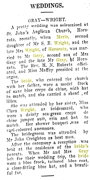 Newspaper report, wedding of Merle Matilda Wright and Wallace Oliver Gray, 2 October, 1926, Hororata, Canterbury, NZ. Image courtesy of Papers Past/Fairfax Media.