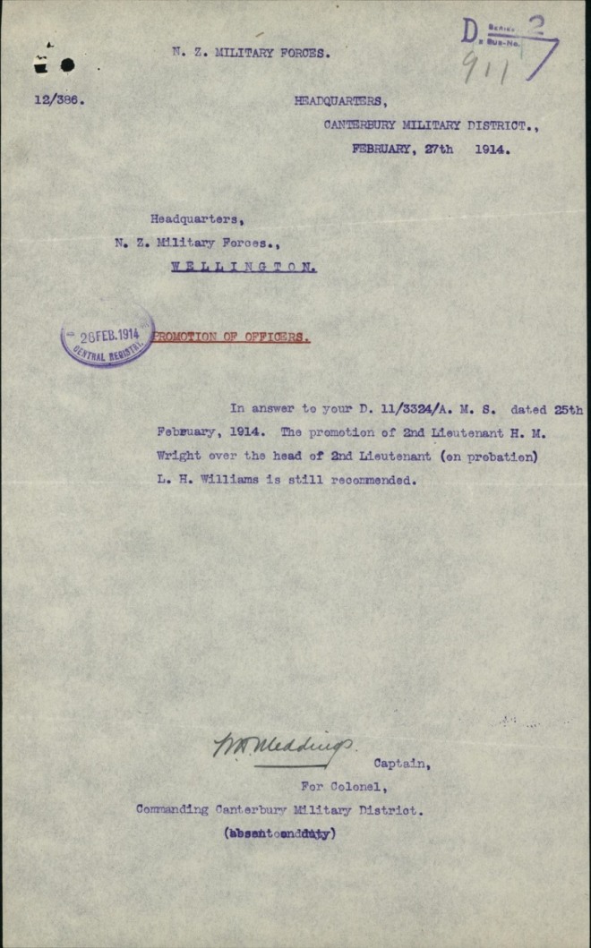 Letter confirming the promotion of Harry Wright, 1914. From Military Service Record, held at Archives New Zealand.
