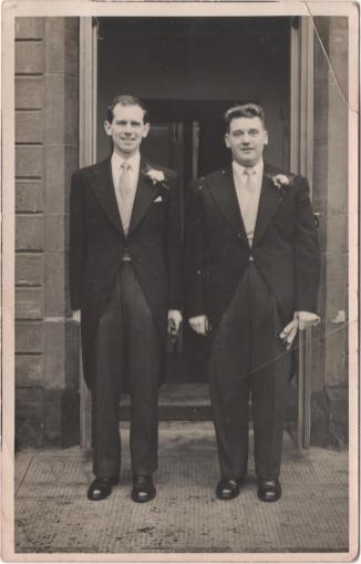 David (left) and Ron Leslie, at David's marriage to Elizabeth Westland in Kirkcaldy, Fife, November 1956. Image: Leslie family archive.