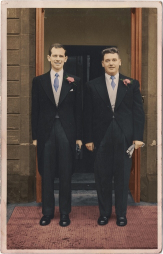 With a dash of colour. David (left) and Ron Leslie, at David's marriage to Elizabeth Westland in Kirkcaldy, Fife, November 1956. Image: Leslie family archive.